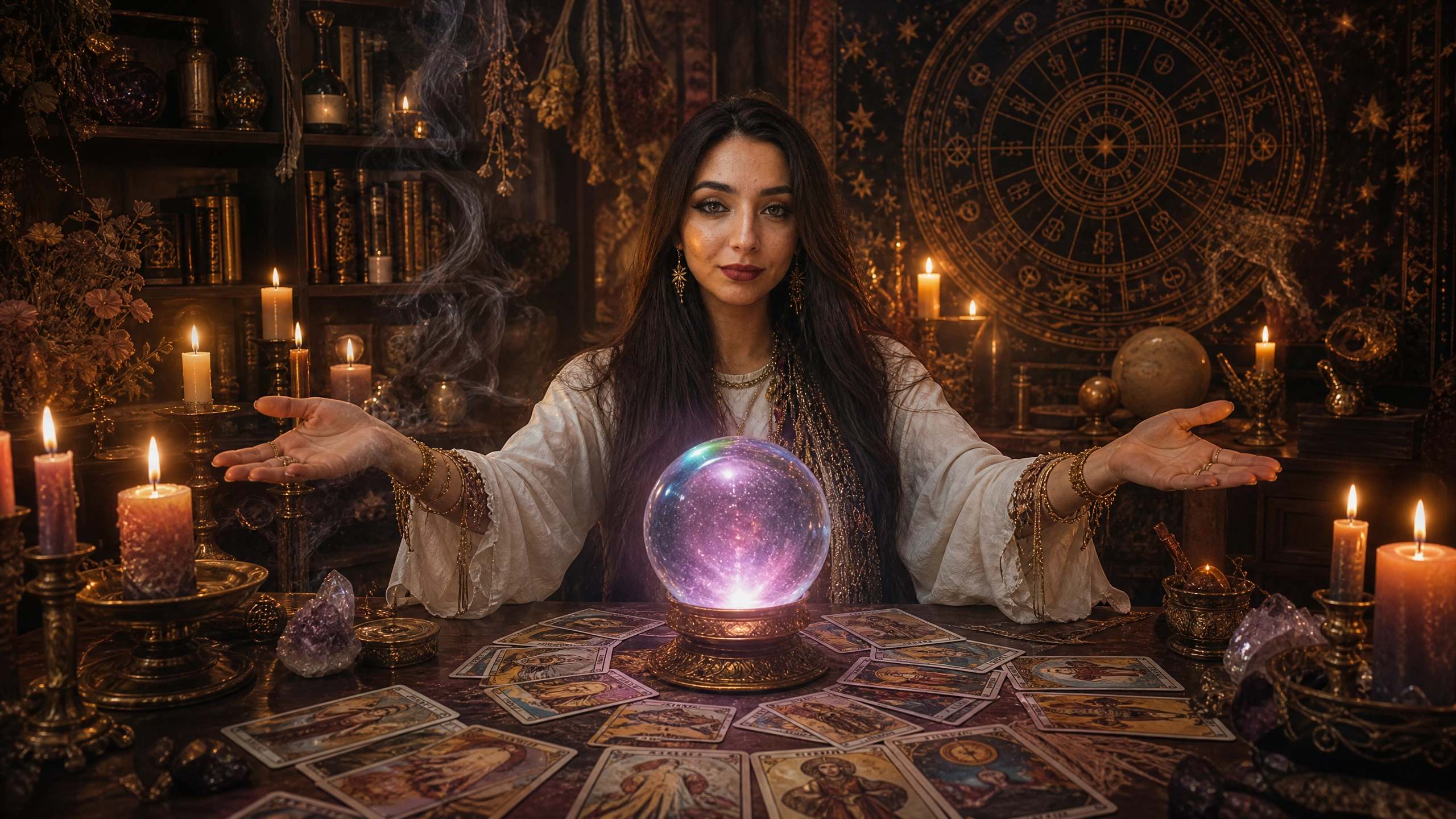 Sensitiva Raphaela com bola de cristal e cartas de tarot
